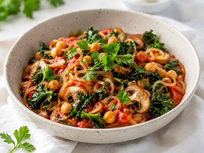 4 Konjak-Pilz-Tomaten-Pfanne mit Spinat und Hähnchen