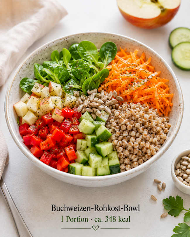 Buchweizen-Rohkost-Bowl mit Apfel, Möhre und Sonnenblumenkernen
