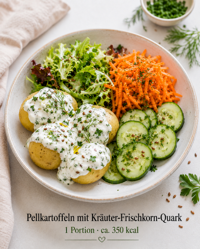Pellkartoffeln mit Kräuter-Frischkorn-Quark und Gurken-Möhren-Rohkost