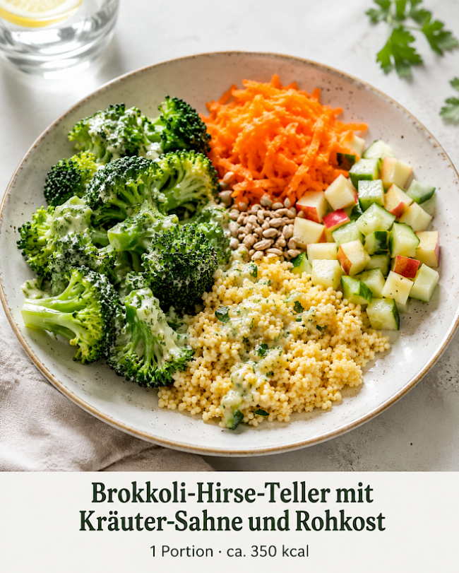 Brokkoli-Hirse-Teller mit Kräuter-Sahne und Rohkost