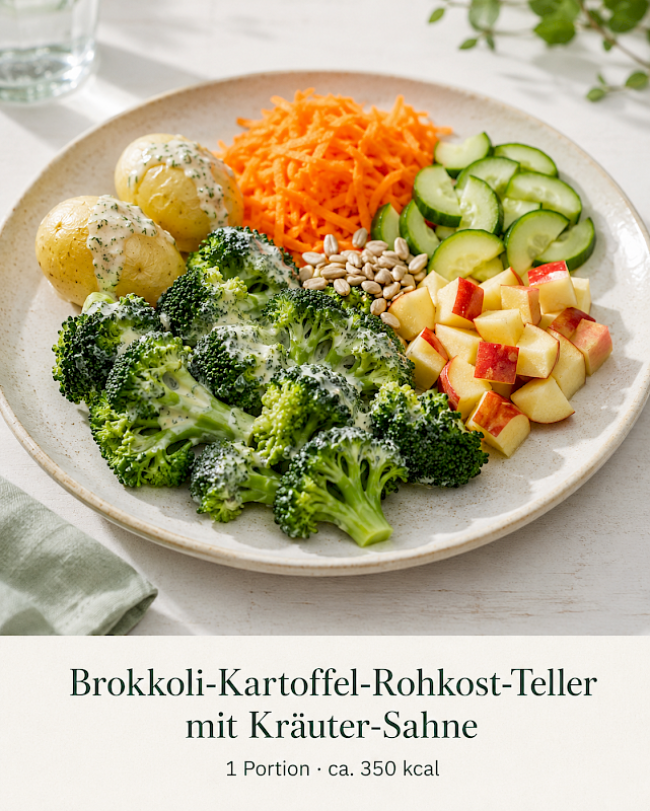 Brokkoli-Kartoffel-Rohkost-Teller mit Kräuter-Sahne