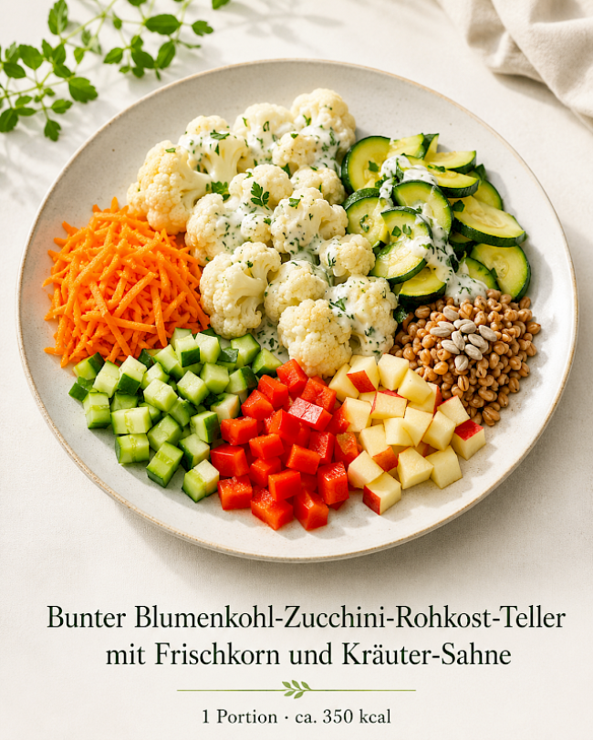 Bunter Blumenkohl-Zucchini-Rohkost-Teller mit Frischkorn und Kräuter-Sahne