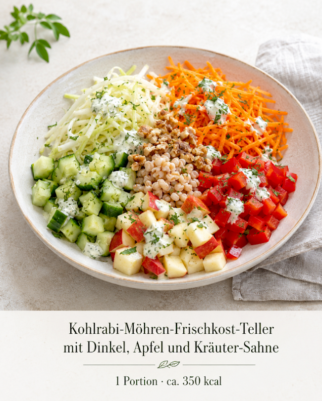 Kohlrabi-Möhren-Frischkost-Teller mit Dinkel, Apfel und Kräuter-Sahne