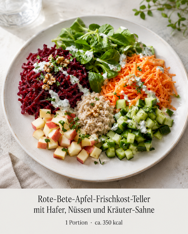 Rote-Bete-Apfel-Frischkost-Teller mit Hafer, Nüssen und Kräuter-Sahne