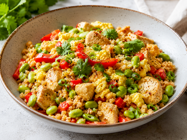 1. Blumenkohl-Fried-Rice mit Hähnchen, Ei und Edamame