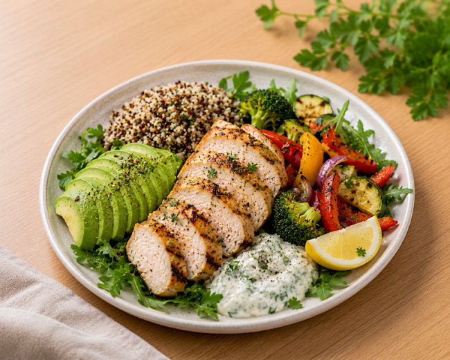 39 – Thunfisch-Vollwert-Bowl mit Gurke, Tomaten, Rucola, Quinoa und Kichererbsen