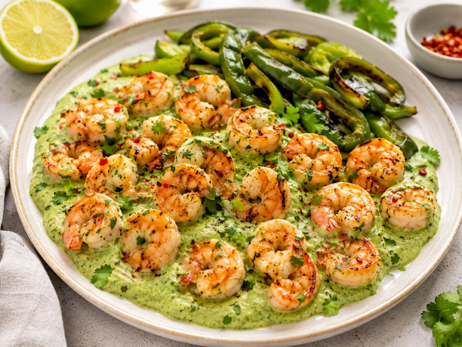 14. Chili-Limetten-Garnelen mit Poblano-Joghurt-Sauce