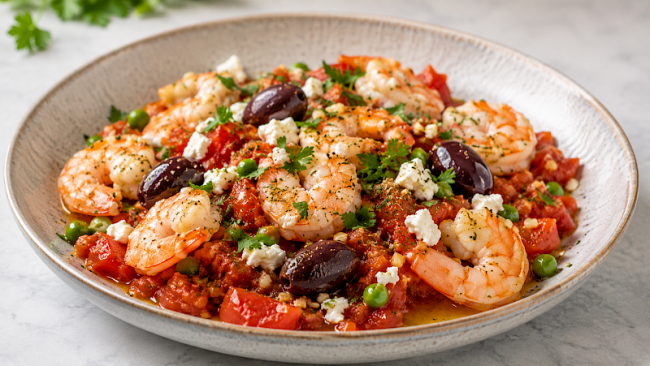 18. Mediterrane Garnelen mit Tomaten, Oliven und Feta