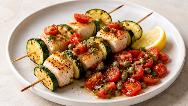 19. Fisch-Zucchini-Spieße mit Tomaten-Kapern-Salsa