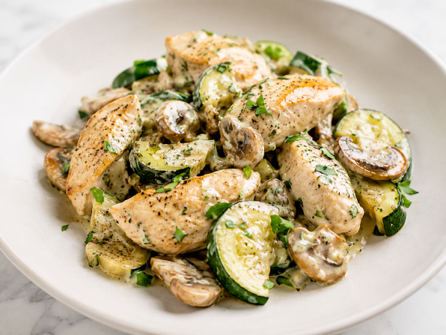 21. Cremige Hähnchen-Zucchini-Pilz-Pfanne