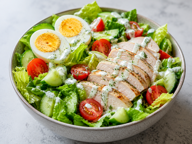 23. Puten-Salat-Bowl mit Ei und Joghurt-Dressing