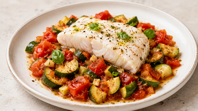 27. Kabeljau mit Zucchini-Tomaten-Sugo