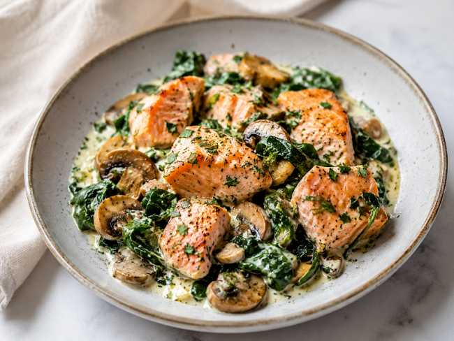 32. Cremige Lachs-Spinat-Pfanne mit Pilzen