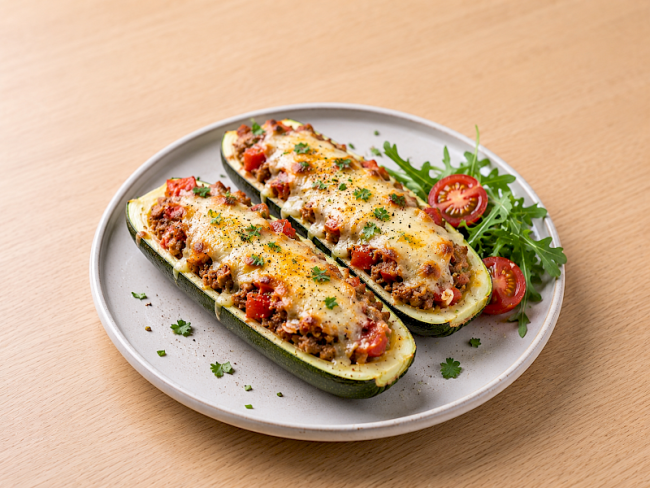 34. Gefüllte Zucchini-Boote mit Hackfleisch und Käse