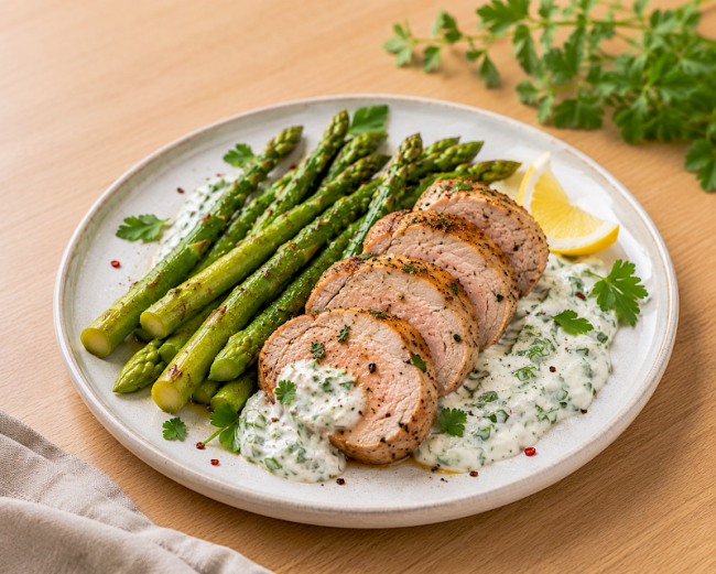 38. Schweine- oder Hänchenbrustfilet mit Spargel und Joghurt-Kräuter-Sauce