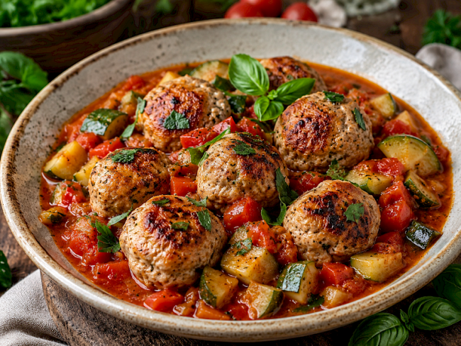 40. Putenbällchen mit Zucchini-Tomaten-Sauce