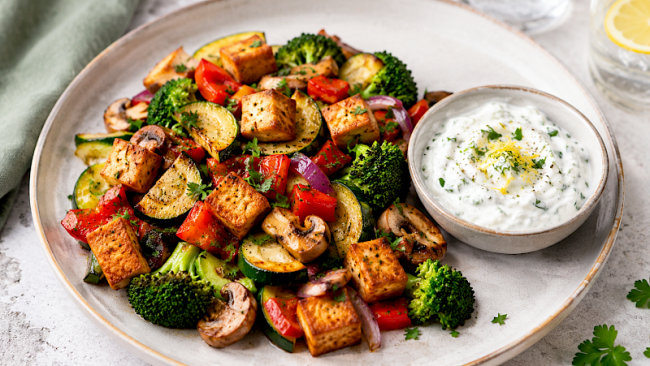 Vegetarische Protein-Gemüse-Pfanne mit Skyr-Kräuter-Dip
