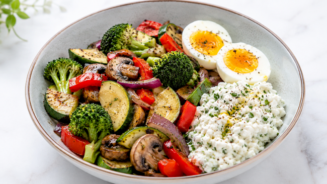 Vegetarische Gemüse-Eiweiß-Bowl mit Hüttenkäse und Ei