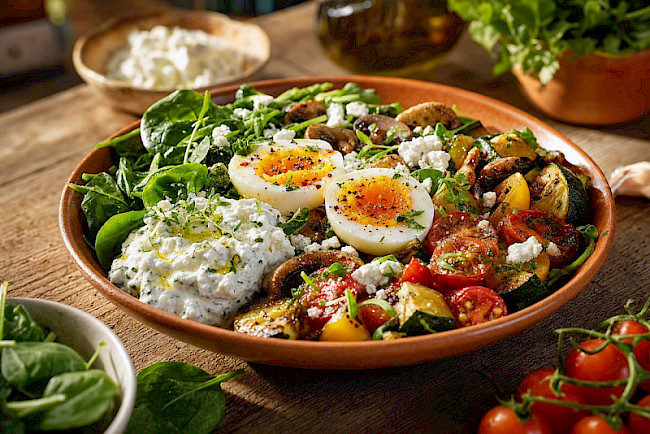Vegetarische Eier-Gemüse-Bowl mit Spinat, Feta light und Kräuterquark