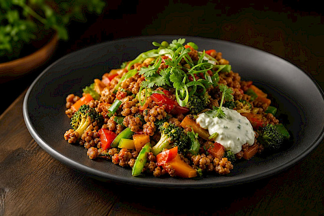 Vegetarische Protein-Gemüse-Pfanne mit Soja-Hack und Kräuter-Skyr