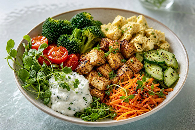 Vegetarische Protein-Gemüse-Bowl mit Tofu, Eiweiß und Kräuterquark
