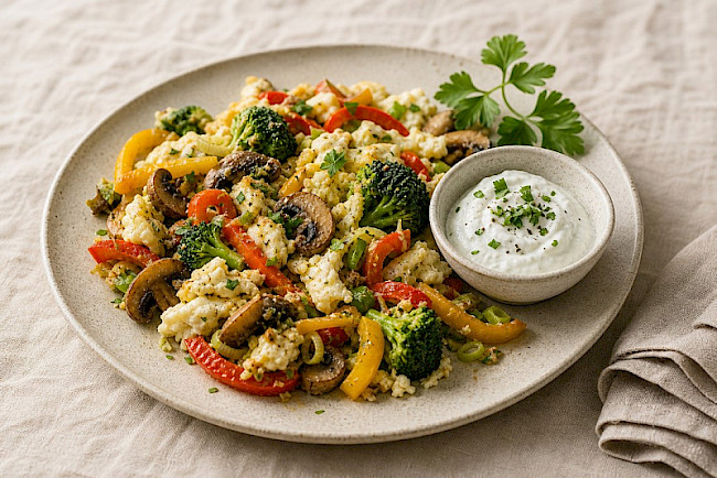 Vegetarische Gemüse-Eiweiß-Pfanne mit Harzer Käse und Skyr-Dip