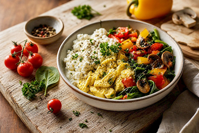 Vegetarische Gemüse-Eiweiß-Bowl mit Hüttenkäse