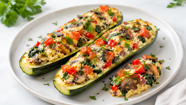 Vegetarische Zucchini-Boote mit Eiweiß-Quark-Füllung und Gemüse