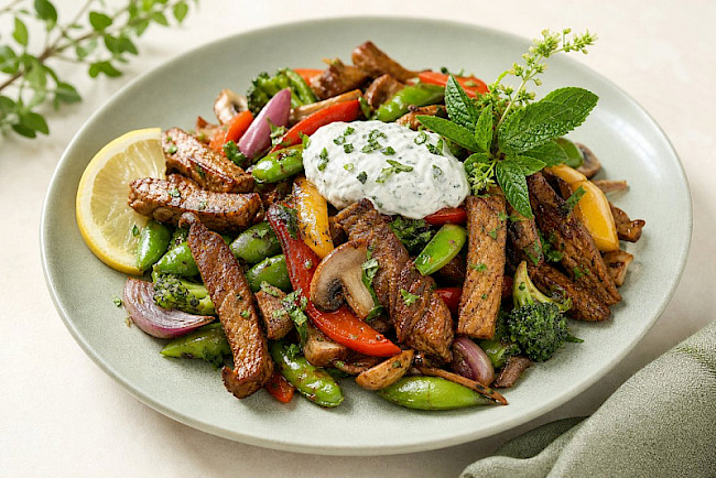 Vegetarische Seitan-Gemüse-Pfanne mit Kräuter-Skyr