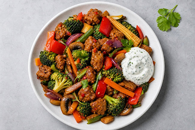 Vegetarische Asia-Gemüsepfanne mit Soja-Schnetzel und Kräuter-Skyr