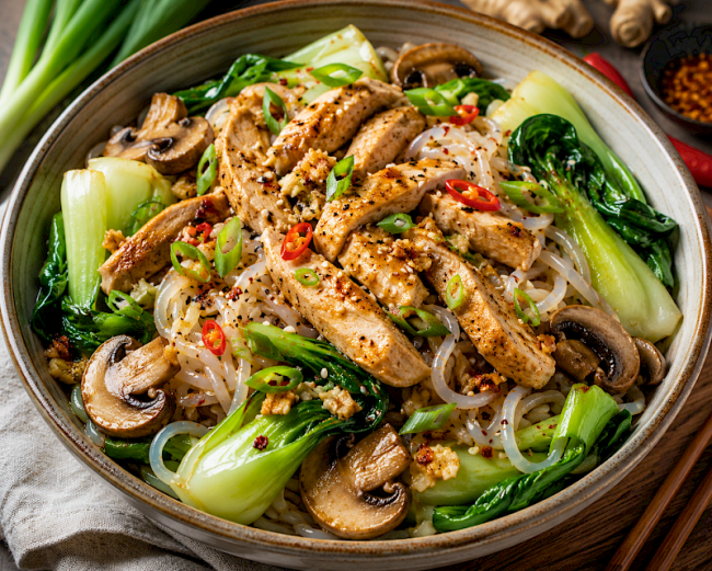 42. Konjak-Hähnchen-Asia-Bowl mit Pak Choi