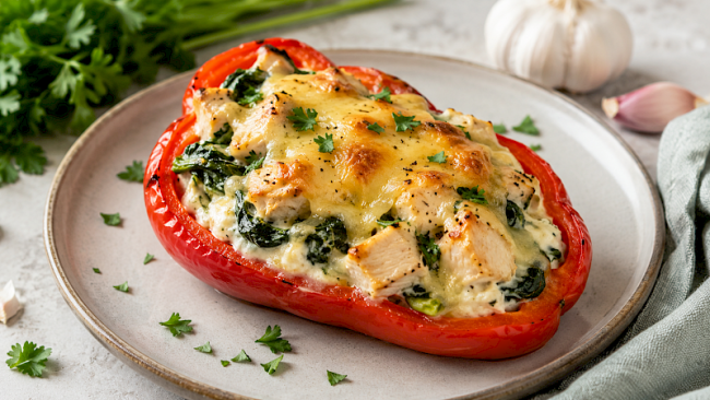 47. Gefüllte Paprika mit Hähnchen, Spinat und Käsekruste