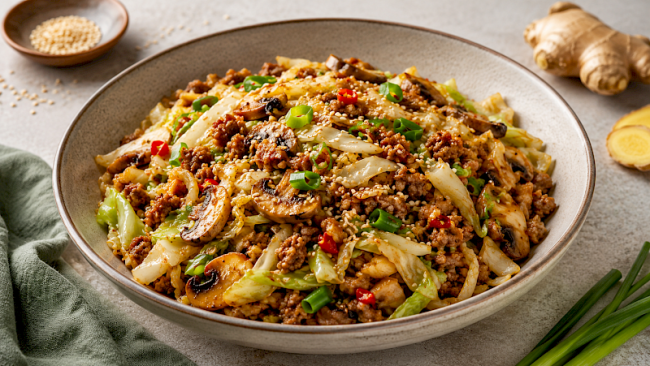 46. Egg-Roll-in-a-Bowl mit Kohl und Hackfleisch