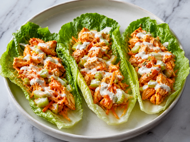 51. Buffalo-Hähnchen-Lettuce-Wraps mit Sellerie und leichtem Joghurt-Dressing