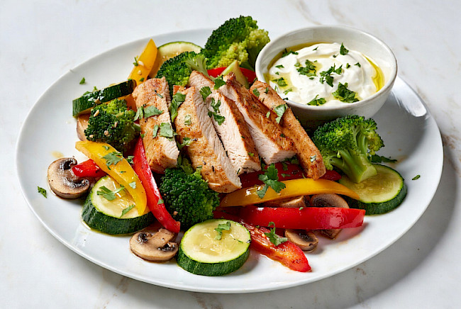 52. Bunte Brokkoli-Zucchini-Pfanne mit Putenfilet und Zitronen-Joghurt-Dip