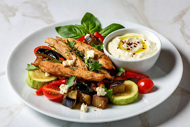 53. Mediterrane Hähnchen-Auberginen-Pfanne mit Zucchini und Tomaten