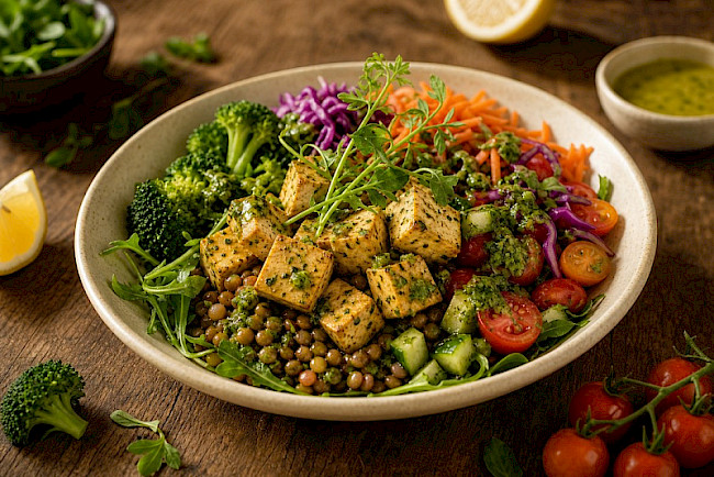 Proteinreiche Gemüse-Linsen-Bowl mit Tofu und Zitronen-Kräuter-Dressing