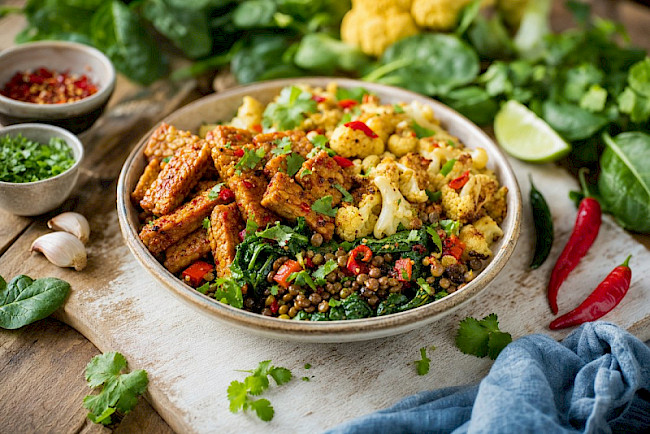 Würzige Tempeh-Gemüse-Bowl mit Linsen, Blumenkohl und Spinat