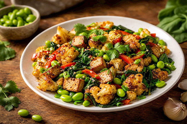 Blumenkohl-Protein-Pfanne mit Räuchertofu, Edamame und Spinat