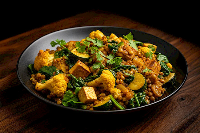 Blumenkohl-Linsen-Curry mit Tofu, Spinat und Zucchini