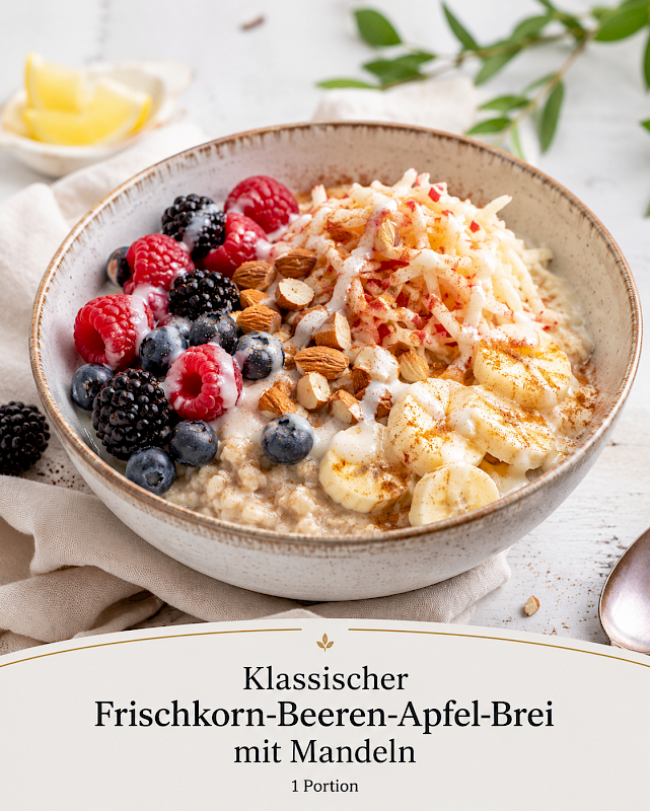 Klassischer Frischkorn-Beeren-Apfel-Brei mit Mandeln