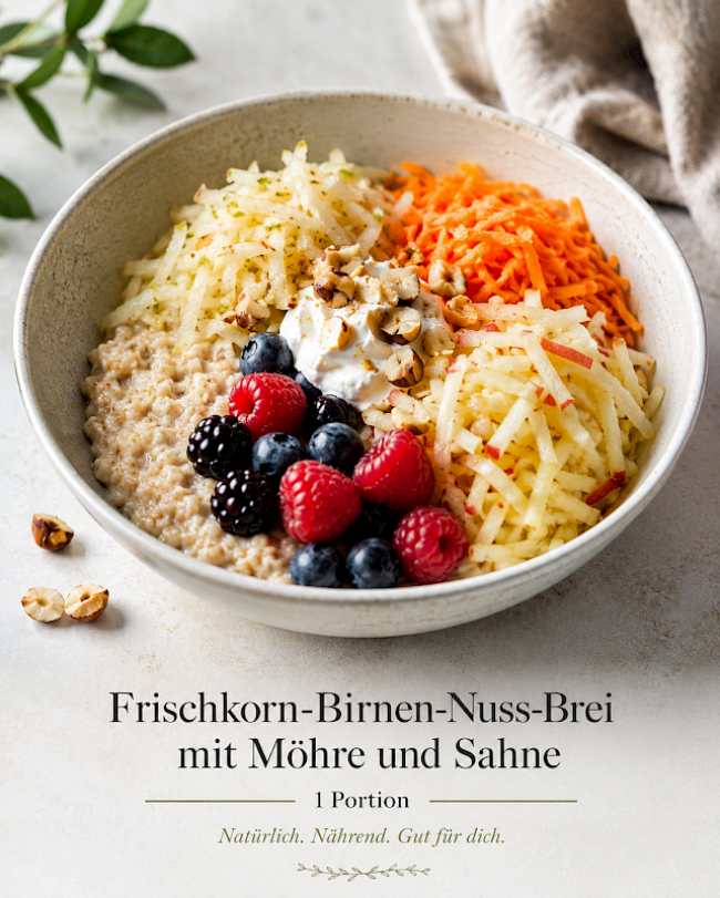 Frischkorn-Birnen-Nuss-Brei mit Möhre und Sahne