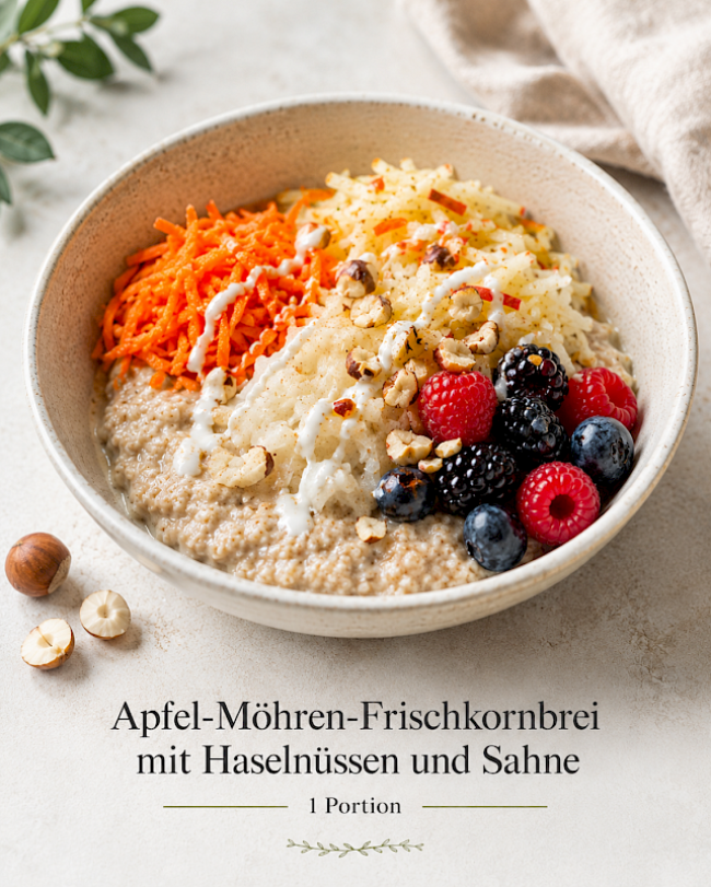 Apfel-Möhren-Frischkornbrei mit Haselnüssen und Sahne