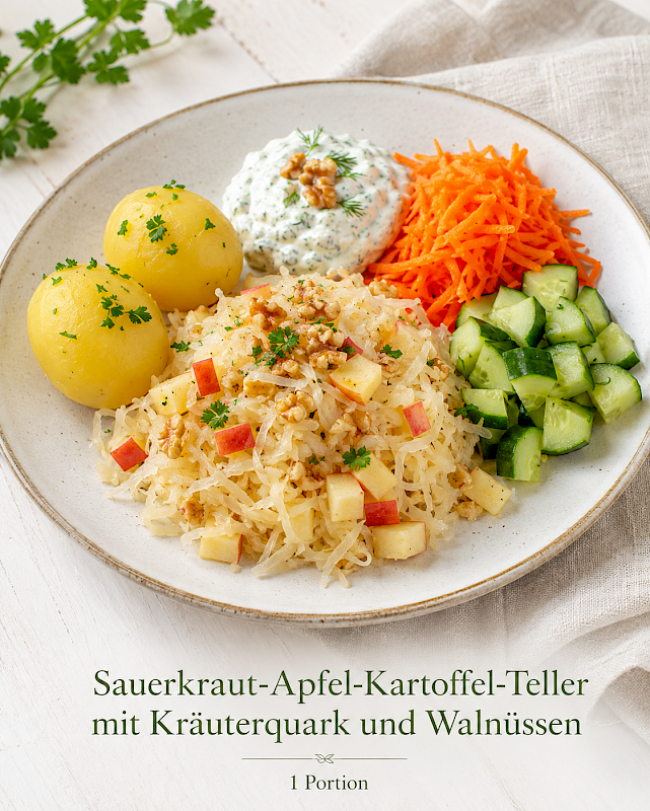 Sauerkraut-Apfel-Kartoffel-Teller mit Kräuterquark und Walnüssen