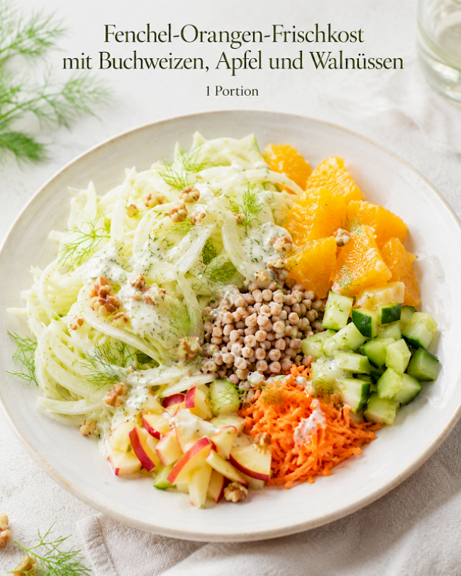 Fenchel-Orangen-Frischkost mit Buchweizen, Apfel und Walnüssen