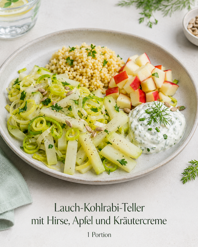 Lauch-Kohlrabi-Teller mit Hirse, Apfel und Kräutercreme