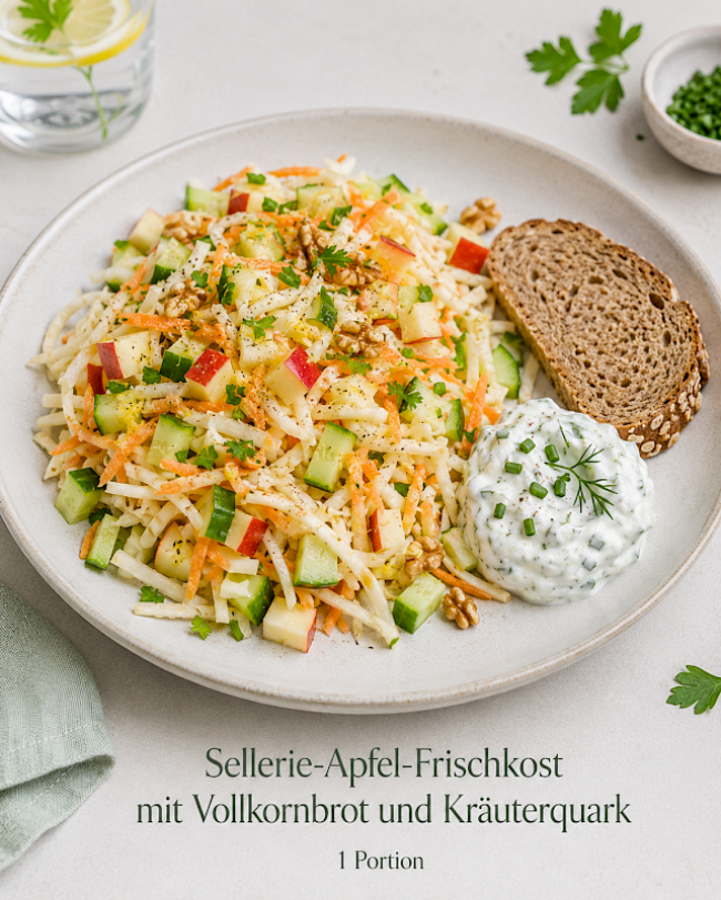 Sellerie-Apfel-Frischkost mit Vollkornbrot und Kräuterquark