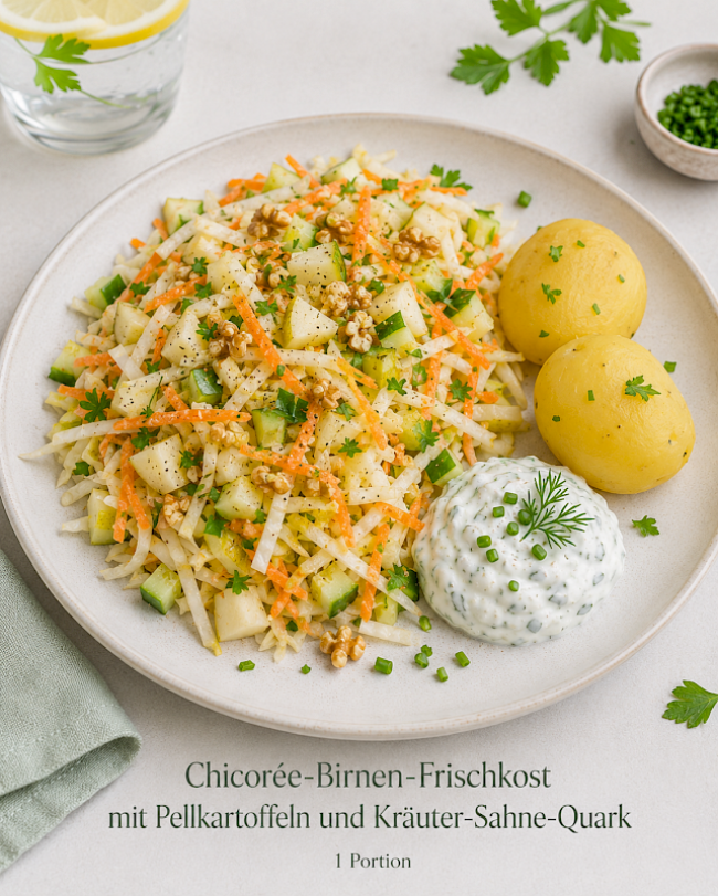 Chicorée-Birnen-Frischkost mit Pellkartoffeln und Kräuter-Sahne-Quark