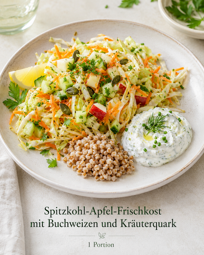 Spitzkohl-Apfel-Frischkost mit Buchweizen und Kräuterquark
