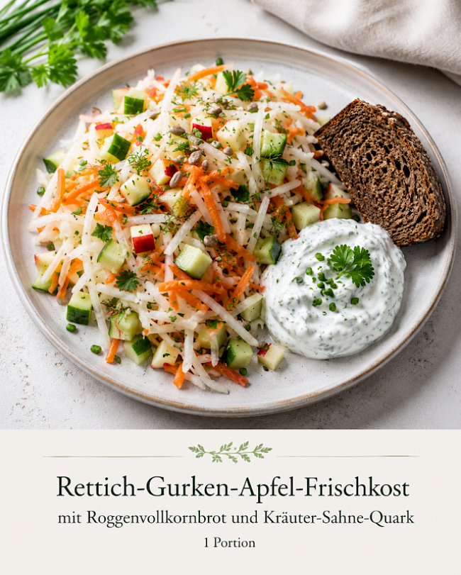Rettich-Gurken-Apfel-Frischkost mit Roggenvollkornbrot und Kräuter-Sahne-Quark